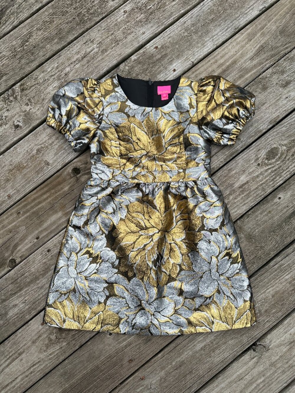 Lilly Pulitzer Girls Priyanka Metallic Jacquard Dress 10 Gold Short Sleeve